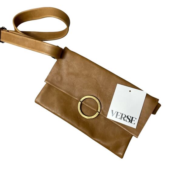 Verse Studio Leather Chest Bag Tan Cross Body Adjustable Strap Brass Ring Small - Picture 1 of 11